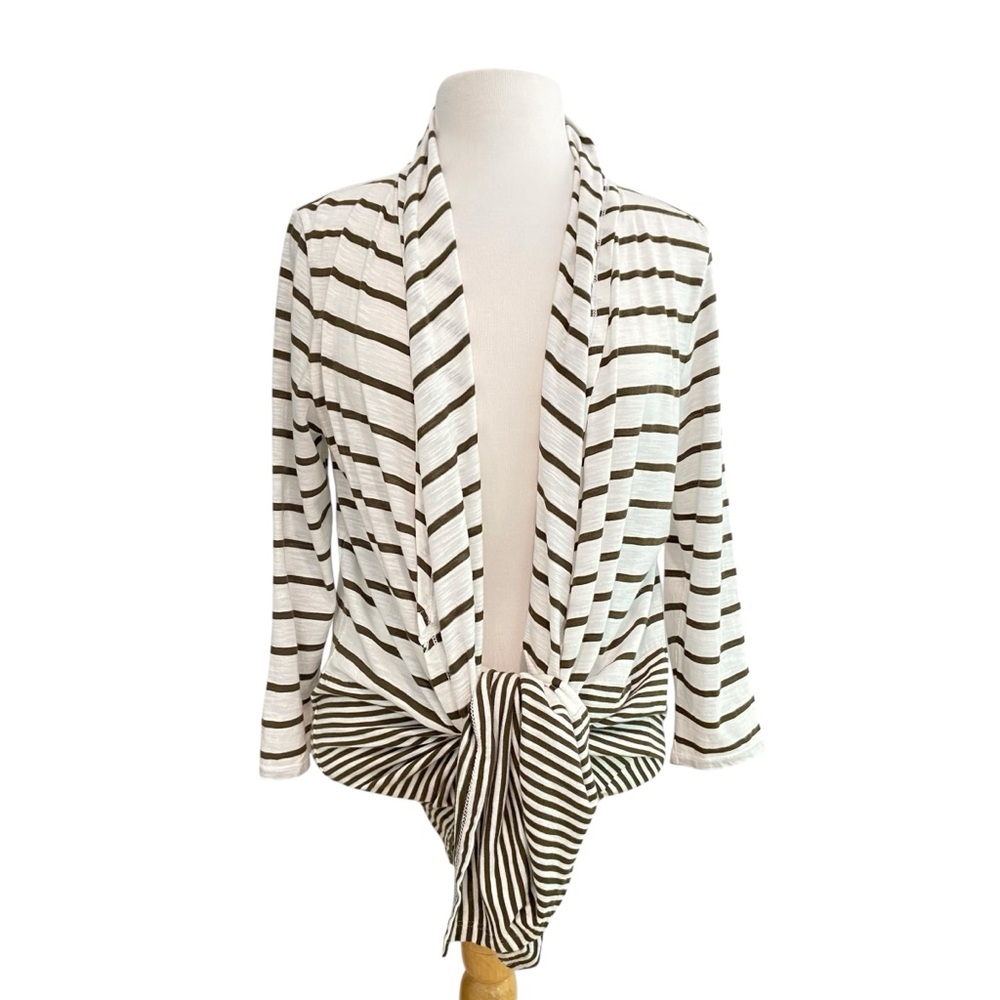 Talbots cardigan wrap sweater ecru white dark green/ brown stripes long sleeve M
